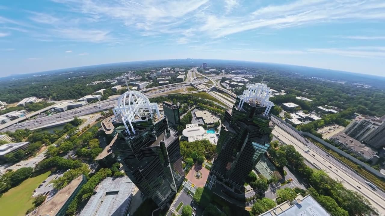 Drone descending between the King and Queen towers